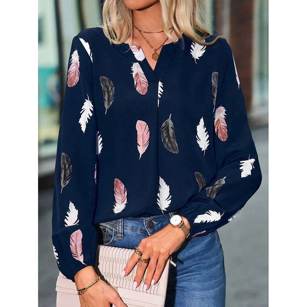 Fashion Woman long Sleeve Feather Pattern, Ladies Elegant Chiffon Tops