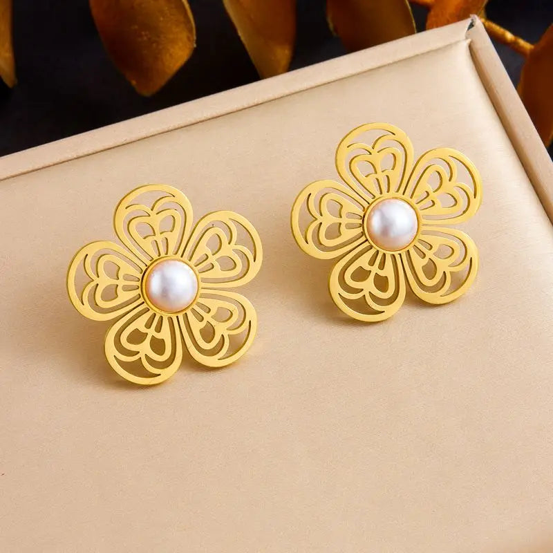 Stainless Steel White Rhinestone Flower Pendant Necklace Earrings For Women Girl Light Luxury Jewelry Set Gifts