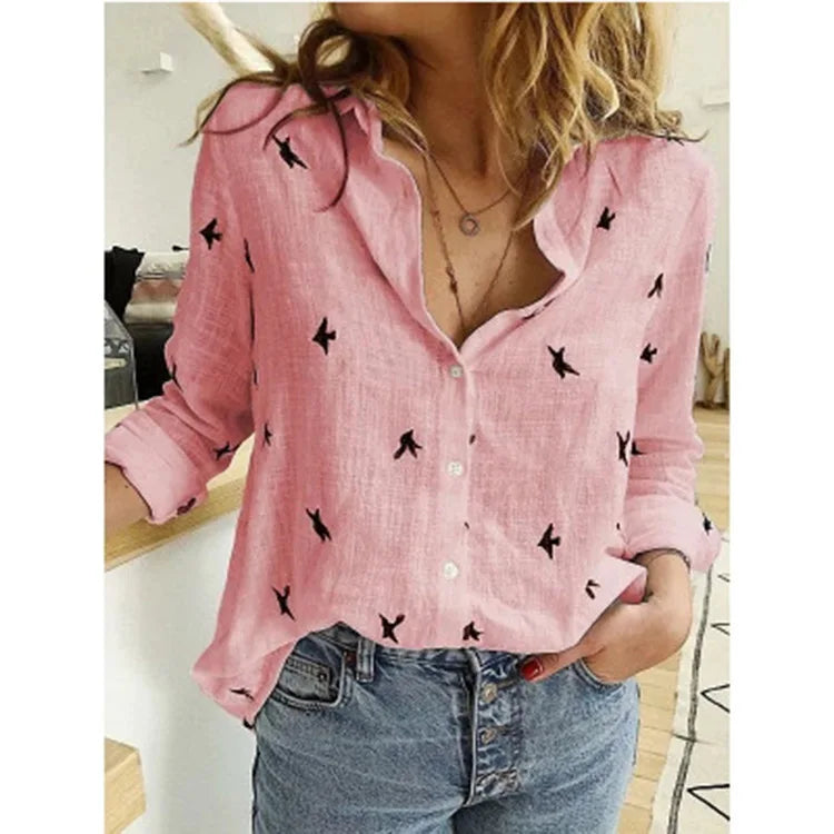 Elegant Cotton Linen Shirts Women Casual Solid Button Lapel Blouses Shirts Autumn Winter Long Sleeve Loose Tops