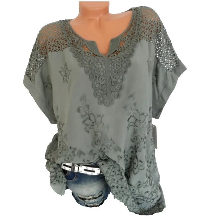 Loose Short-Sleeved Lace Women Blouses Cotton Blouses Summer V-neck White Shirt