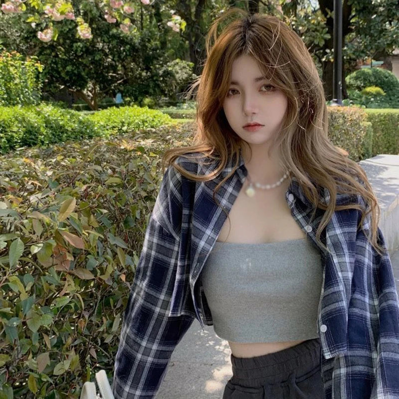 Checkered Women's Long Sleeve Vintage Casual Lapel Turn-down Collar Plaid Classic Single Breasted Tops