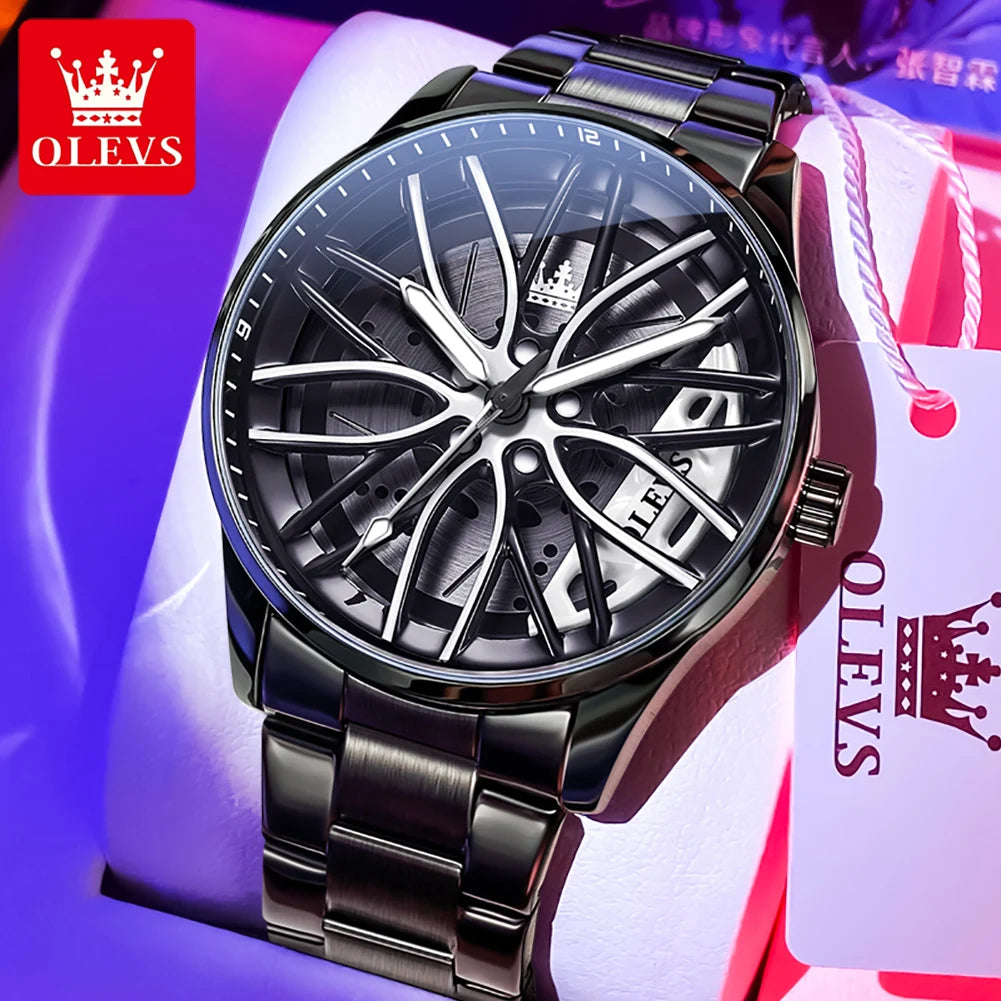 OLEVS Men Watches Waterproof Rotary Sport Car Rim Man Luxury Watch High Quality Fashion Stainless Steel Quartz