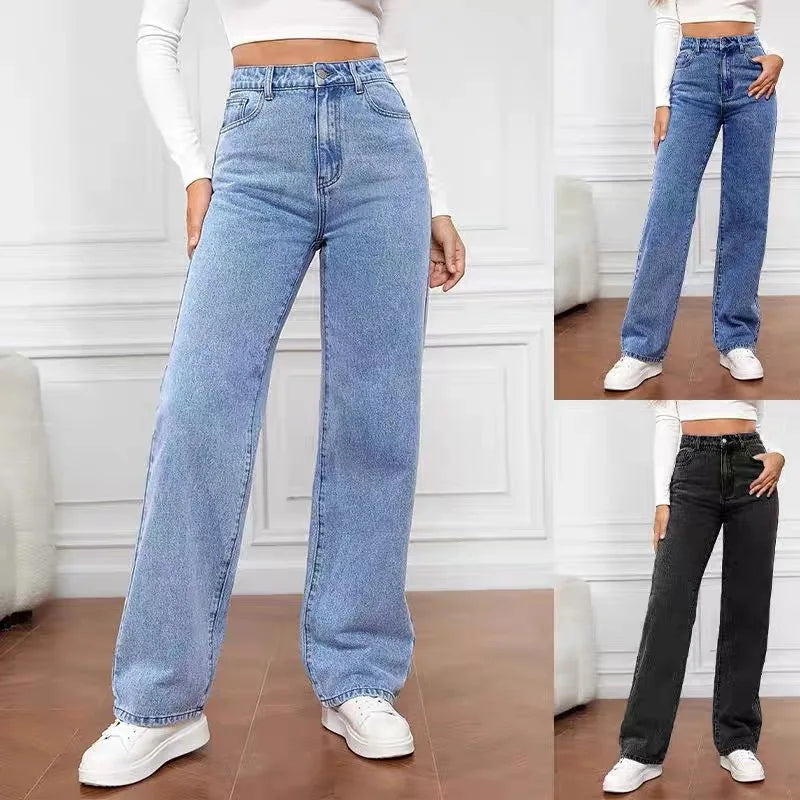 Women's High Waist Stretch Washed Denim Straight Jeans