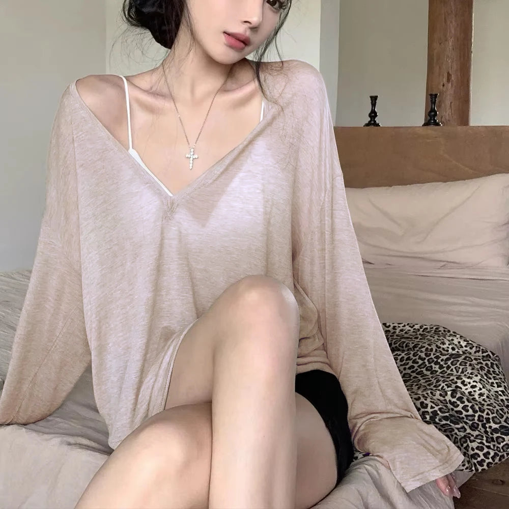 Women's V-Neck Long Sleeve T-Shirt Thin Perspective Summer Loose Fit Casual Top Korean Base Sun Protection Cover Up Top