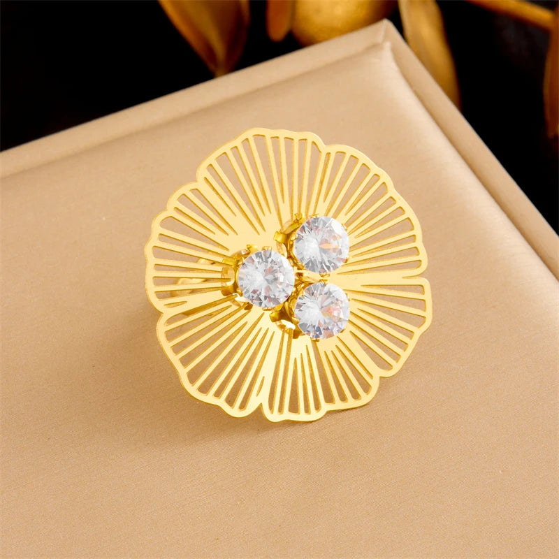Stainless Steel Hollow Flower Inlaid With Zircon Necklace Earrings Ring For Women New Trend Non-fading Jewelry Set