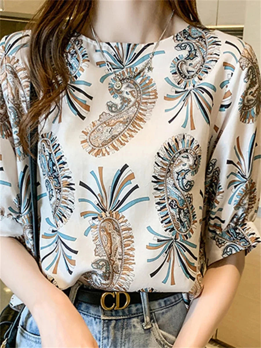 Woman Summer Style Chiffon Blouses Casual Half Lantern Sleeve O-Neck Flower Printed Blouse