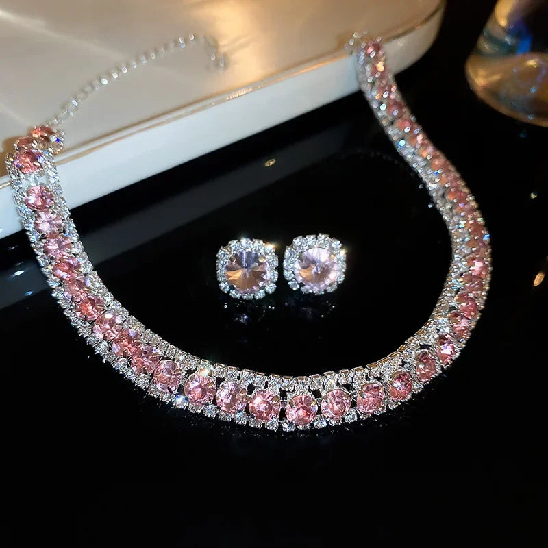 Inlaid Green Rhinestone Necklace Earring Set for Women Luxury Choker Necklace Stud Earrings