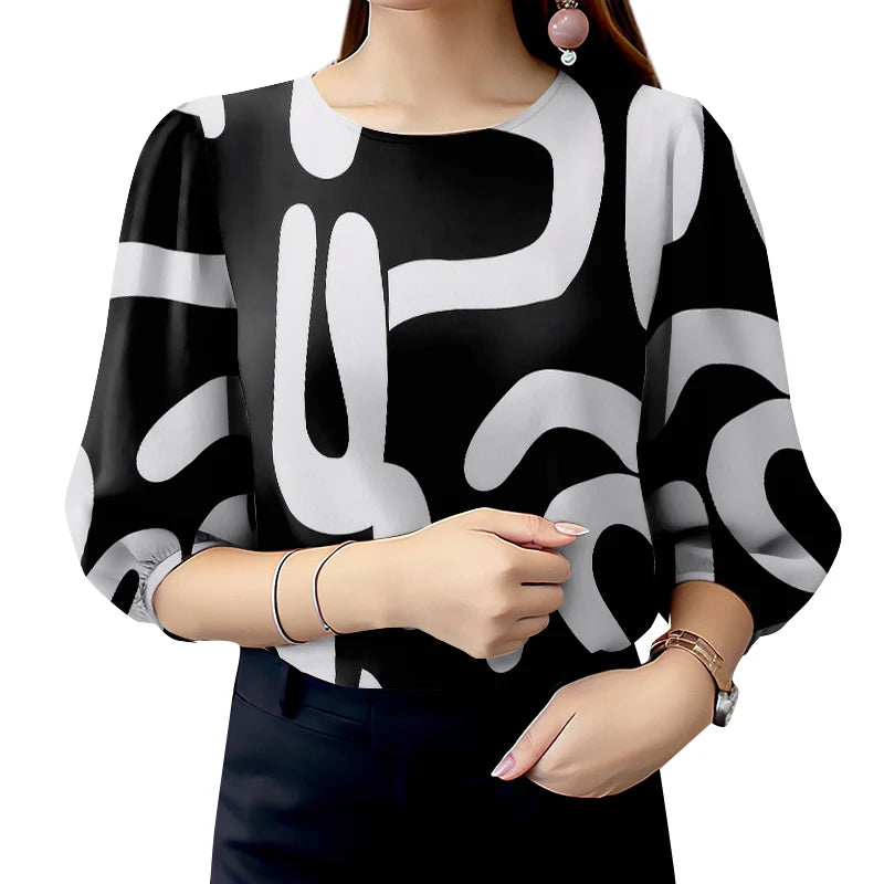 Elegant Office Work Blouses Stylish Spring O Neck 3/4 Sleeve Printed Retro Holiday Blouse