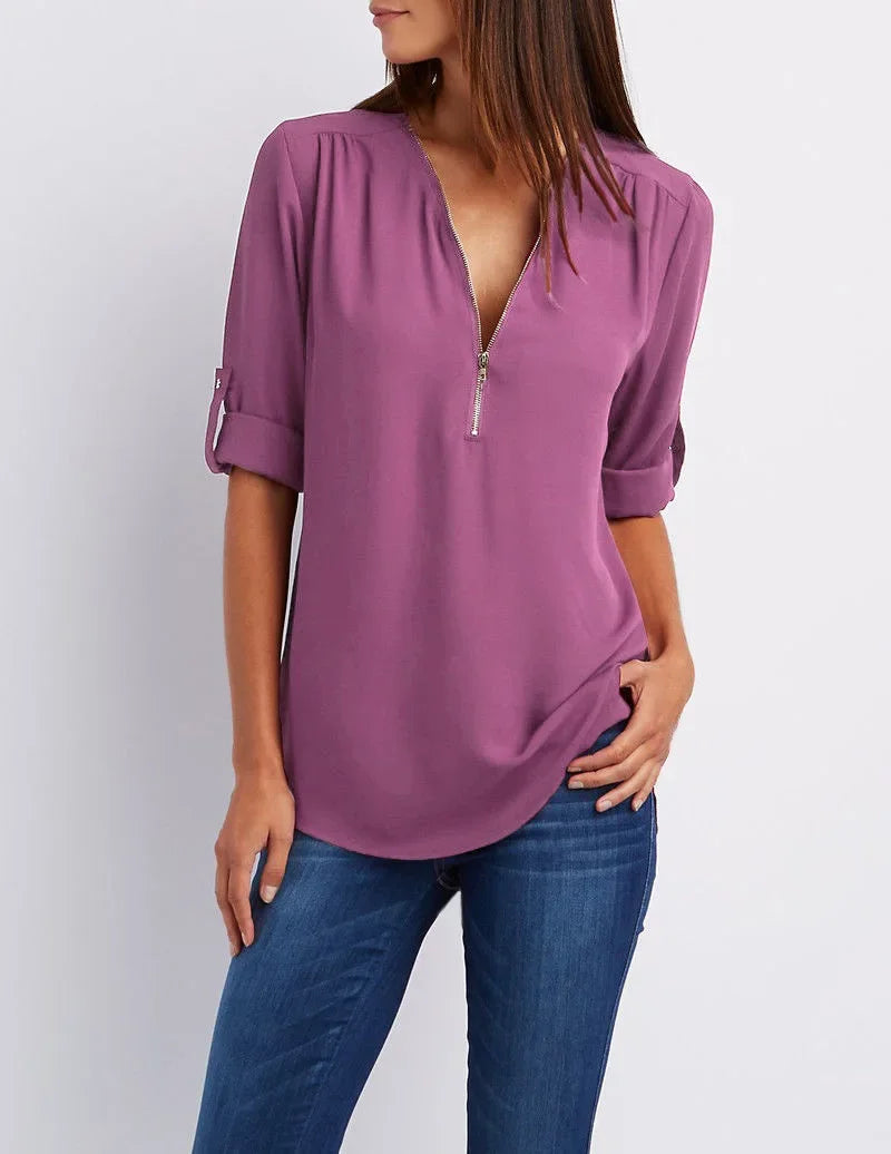 Women Cool Loose Shirt Deep V Neck Chiffon Fashion Zipper Pullover Blouse