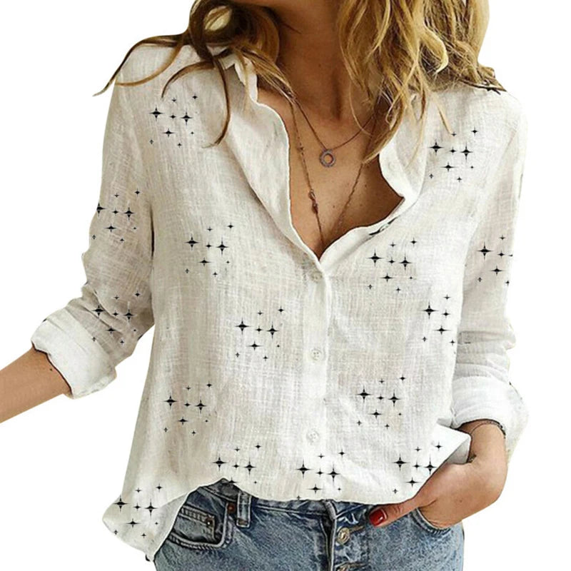 Elegant Cotton Linen Shirts Women Casual Solid Button Lapel Blouses Shirts Autumn Winter Long Sleeve Loose Tops
