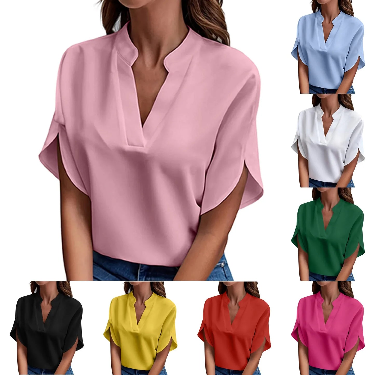 Summer Tops For Women Blouse Short Sleeve Solid V Neck Loose Shirts And Blouses Elegant Tops