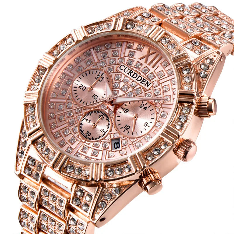 Fashion Alloy Band Hip Hop Diamond Golden Date Vintage Quartz men's Watches