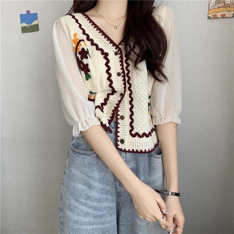 Flower Embroidery Crochet Blouse with Chiffon Sleeve Button Front Cardigan Top Women Spring Summer blouse