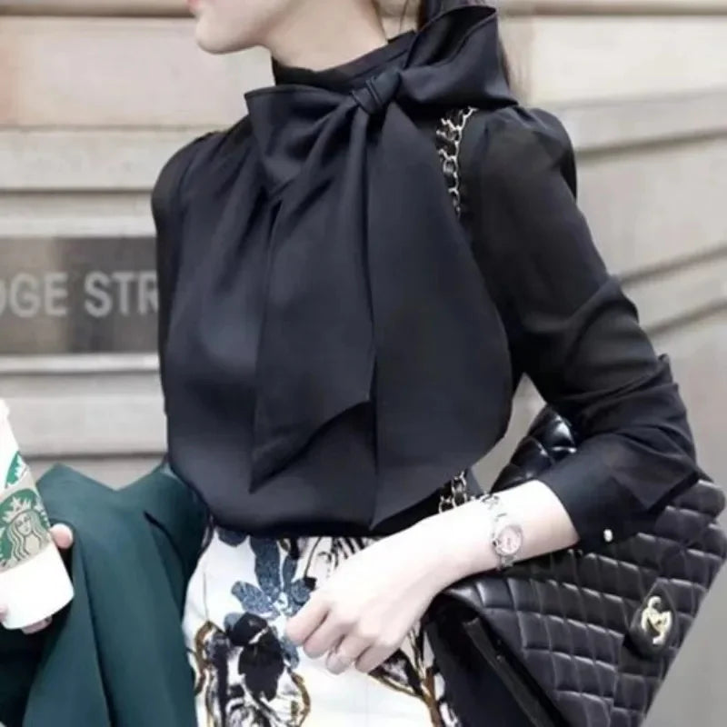 Women Chiffon Blouses Shirts Lady Casual Long Sleeve White Black Bow Tie Collar top