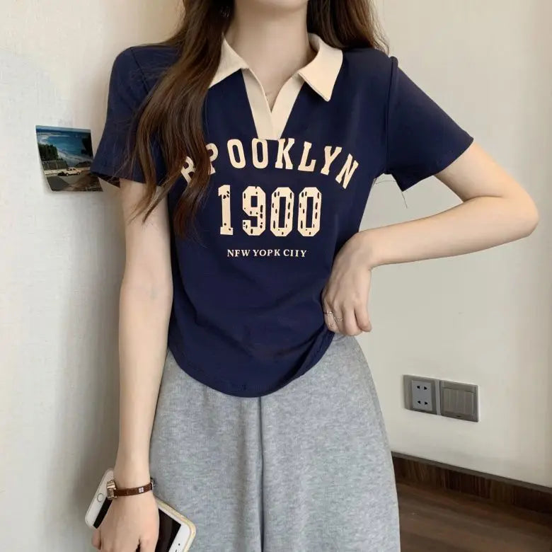 Women Summer Korean Fashion Letter Printing Slim Polo Collar Short Sleeve T-Shirt Simplicity Office Lady All-match Casual Tops