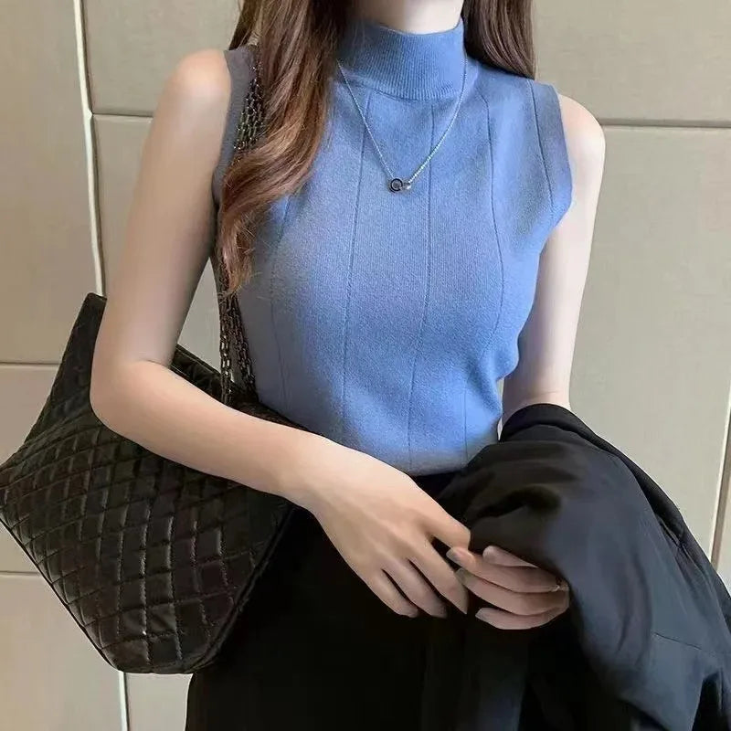 Korean Fashion Ladies Tops Spring New Summer Women Tops Casual Clothes Sleeveless Knit Elastic Blouse