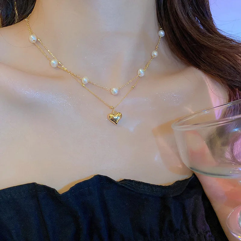 Simple Stacked Retro Imitation Emerald Green Pearl Multi-layer Necklace For Women