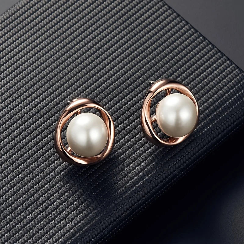 Luxury style Fashion Hollow Round Jewelry Set Pearl Pendant Necklace Stud Earrings Set for Women