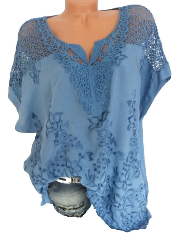 Loose Short-Sleeved Lace Women Blouses Cotton Blouses Summer V-neck White Shirt