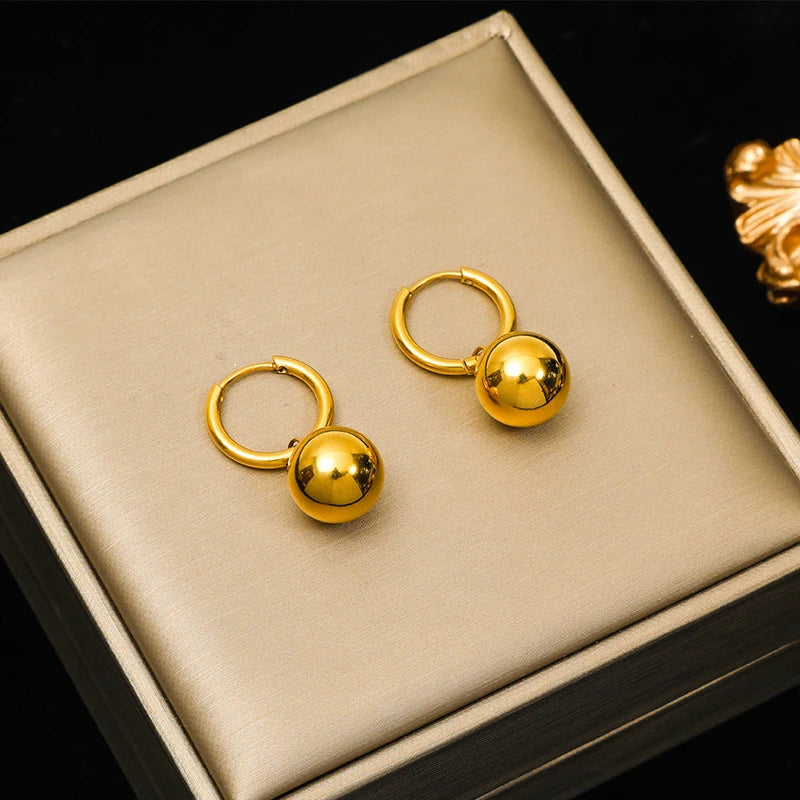 Stainless Steel 18K Gold Plated Bead Pendant Necklace Earrings Jewelry Set For Women