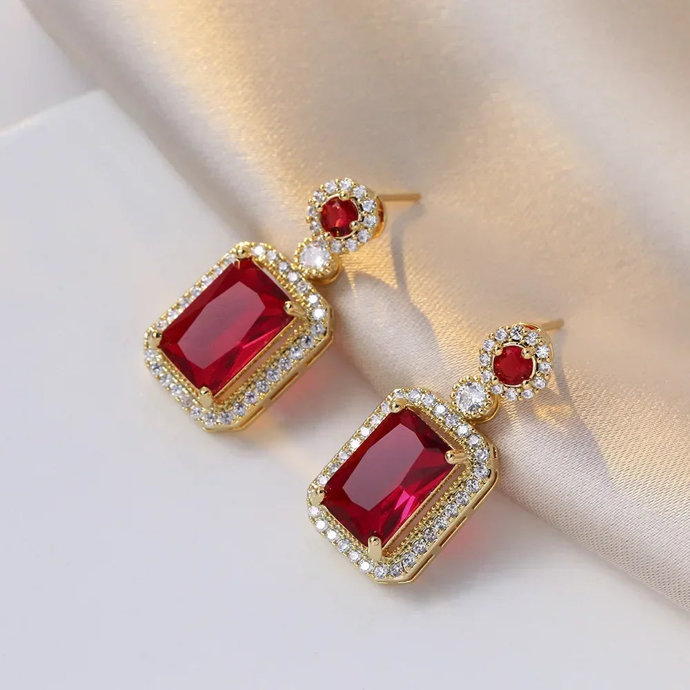 Luxury style Emerald Color Earring Necklace Rings Set For Woman Stainless Steel Zircon Rectangle Pendant Necklace