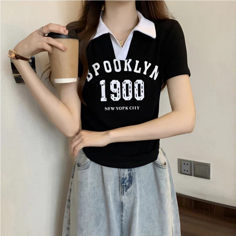 Women Summer Korean Fashion Letter Printing Slim Polo Collar Short Sleeve T-Shirt Simplicity Office Lady All-match Casual Tops