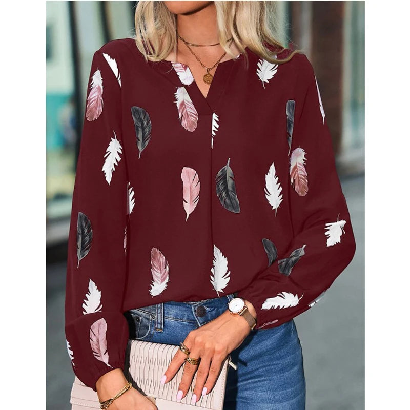 Fashion Woman long Sleeve Feather Pattern, Ladies Elegant Chiffon Tops
