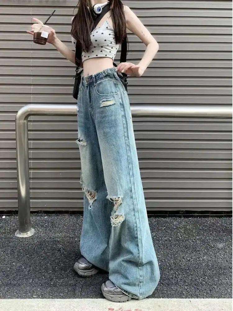 Vintage Pants, Jeans, Women's Torn Wide Leg Pants, Summer High Waist, Loose Fitting Long Pants, Women's Jeans