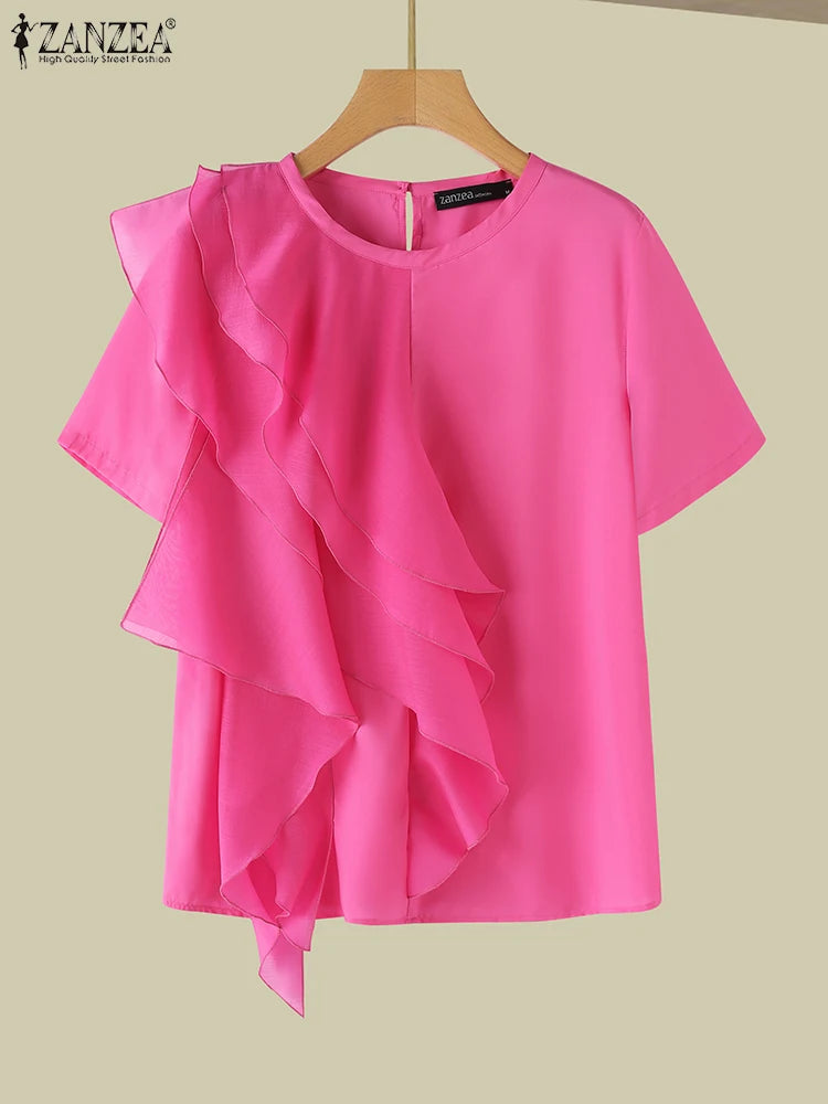 Women Ruffled Stitching Blouse Fashion Holiday O-neck Tops Summer Short Sleeve