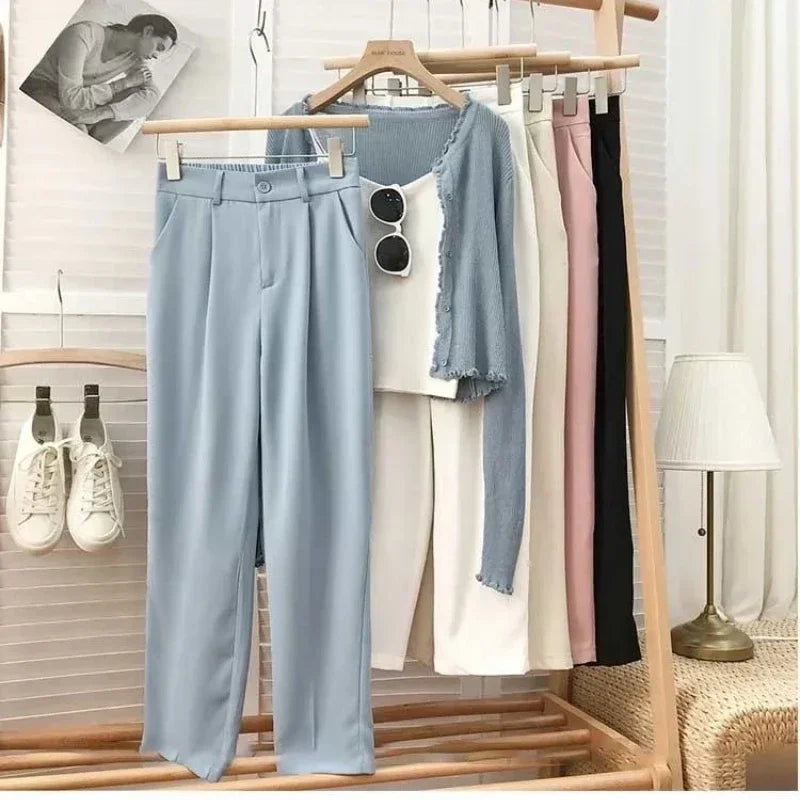 Elastic High Waist Suit Women Pants, Casual Loose Straight Black Office Ladies Trouser