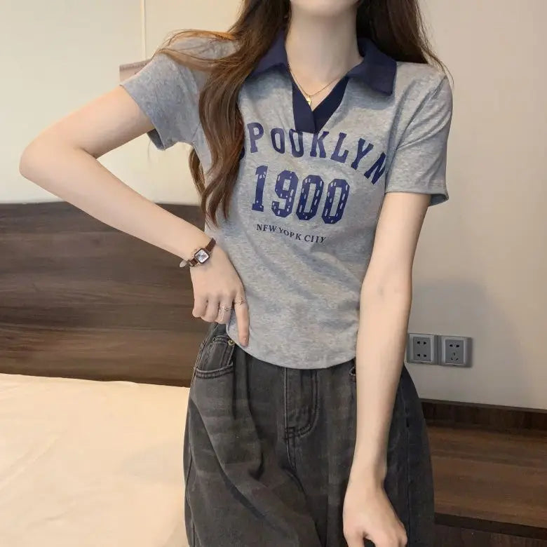 Women Summer Korean Fashion Letter Printing Slim Polo Collar Short Sleeve T-Shirt Simplicity Office Lady All-match Casual Tops
