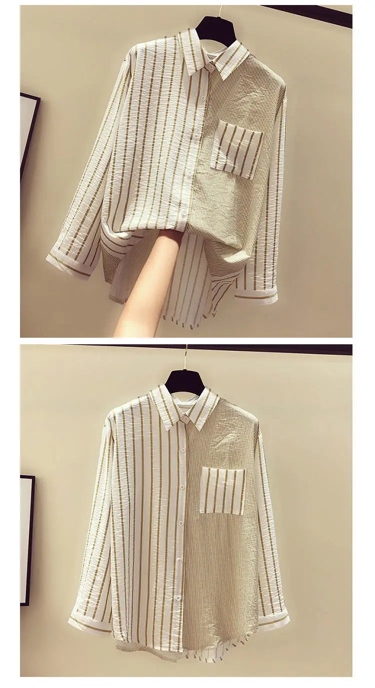 Korean Summer Trendy Women's Shirt Loose Casual Striped Patchwork Shirts Pocket Office Lady Sweet Women's Top
