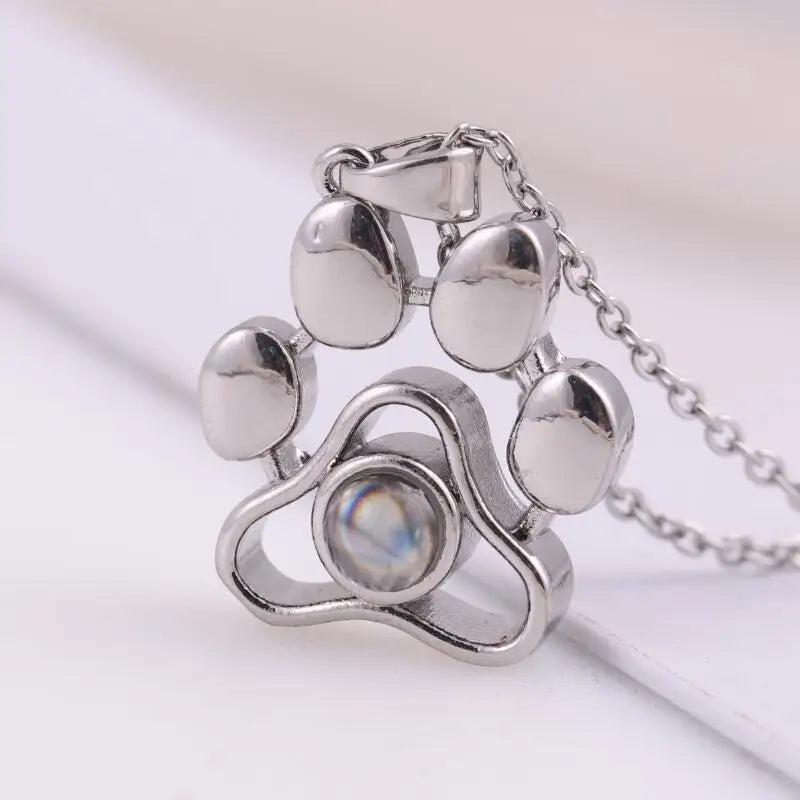 Custom Color Photo Projection Necklace Dog Paw Copper Pendant Titanium Steel Chain