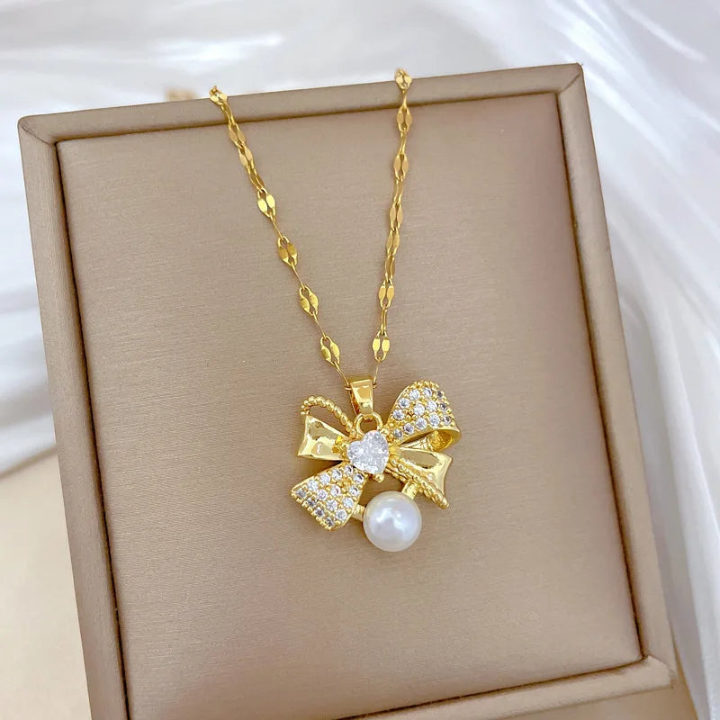 Classic Stainless Steel Gorgeous Pearl Bow Necklace Earrings Fashionable and Exquisite Accessories