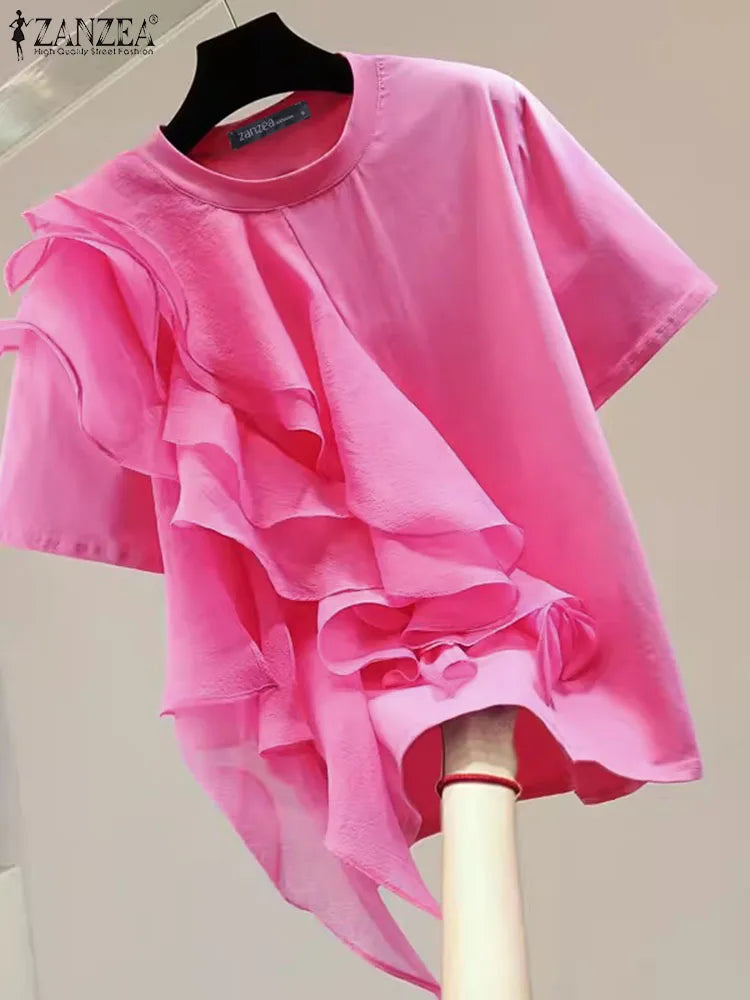 Women Ruffled Stitching Blouse Fashion Holiday O-neck Tops Summer Short Sleeve
