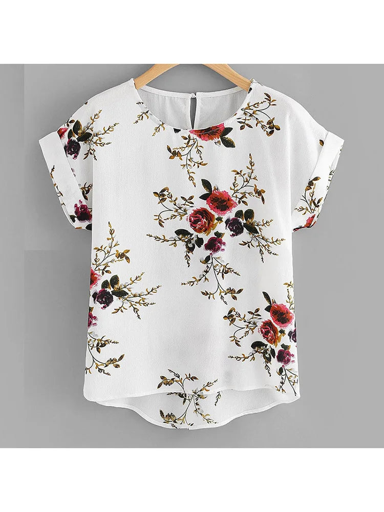 Floral Print Blouse Pullover Ladies O-Neck Tee Tops Female Women's Short Sleeve Shirt