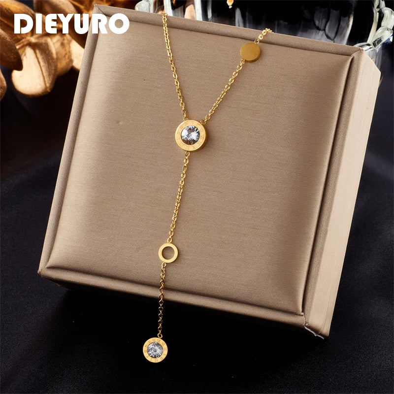 Stainless Steel Roman Numeral Dial Zircon Long Pendant Necklace For Women