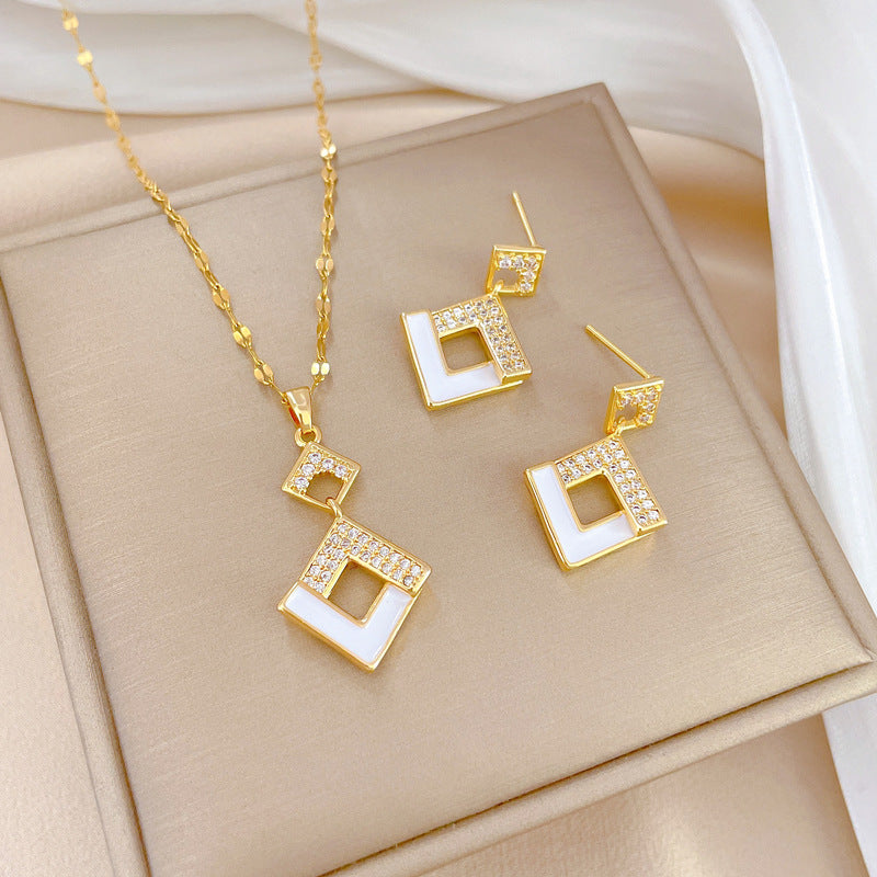 Stainless Steel Austrian Crystal Enamel Square Pendant Jewelry Sets Women