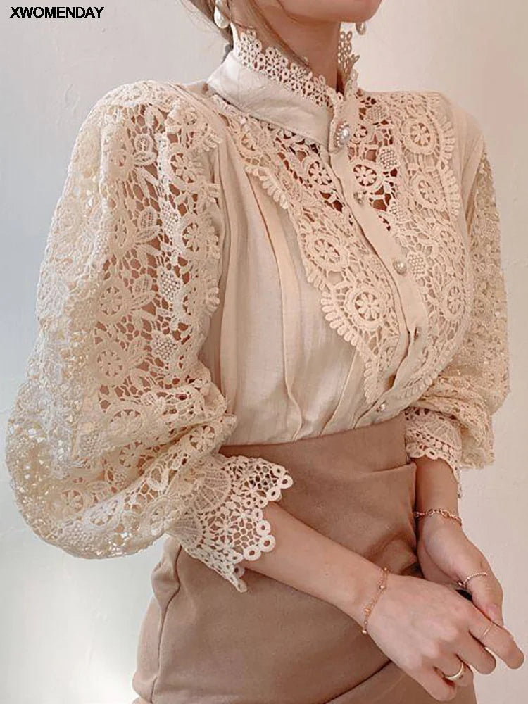 Women Chiffon Button Turtleneck Shirt Chic Elegant Floral Lace Fluffy Long Sleeve Top Fashion Hollow Oversize Blouse