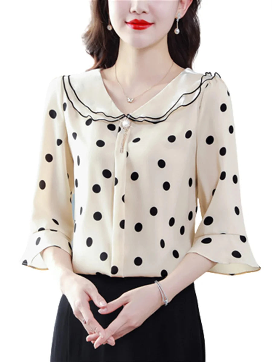 Women Spring Summer Blouses Fashion Casual Half Sleeve Ruffles Collar Polka Dots Tops