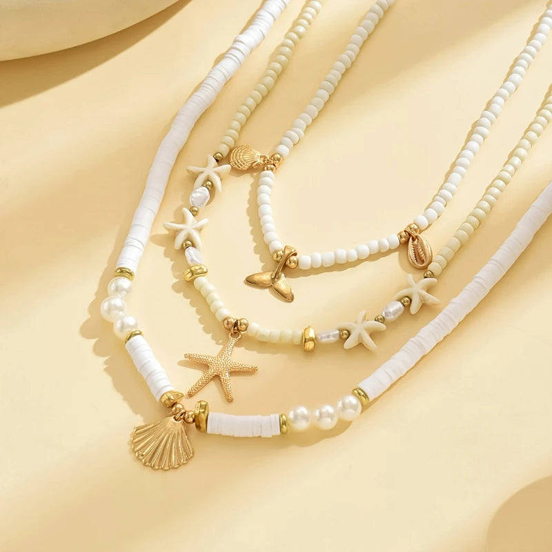 Starfish Imitation Shell Pendant Beaded Necklace Women Beach Vacation Accessories