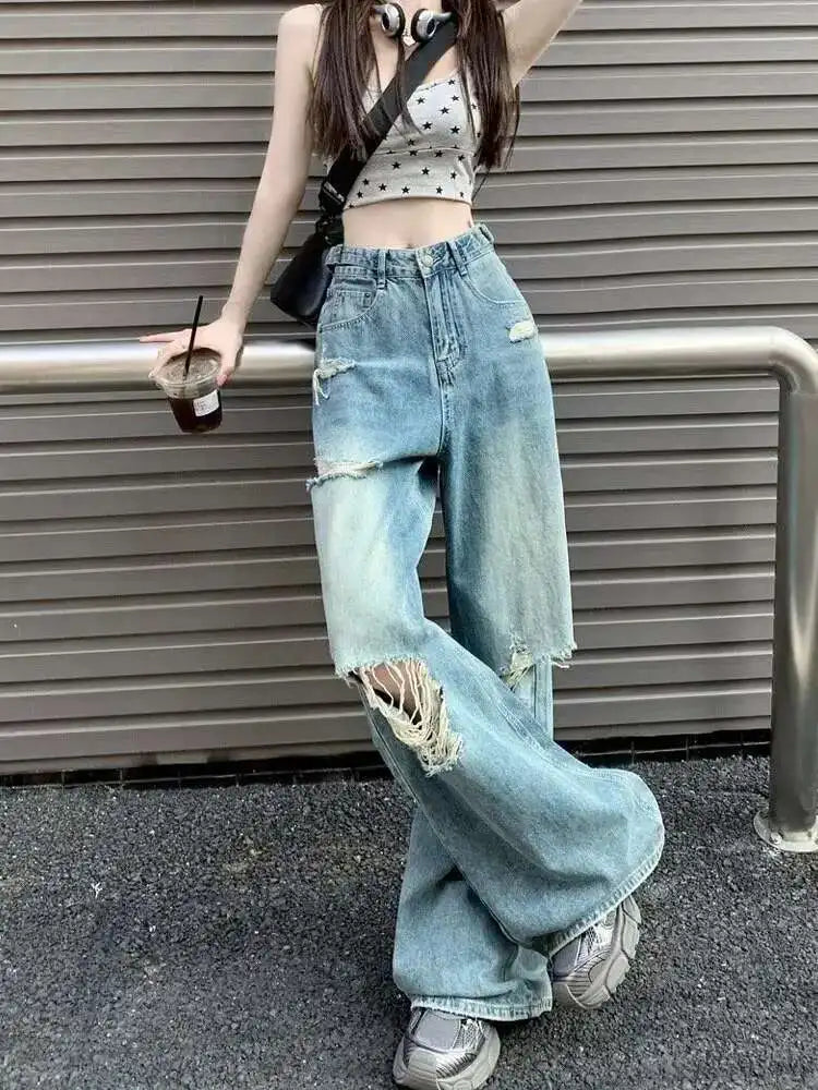 Vintage Pants, Jeans, Women's Torn Wide Leg Pants, Summer High Waist, Loose Fitting Long Pants, Women's Jeans