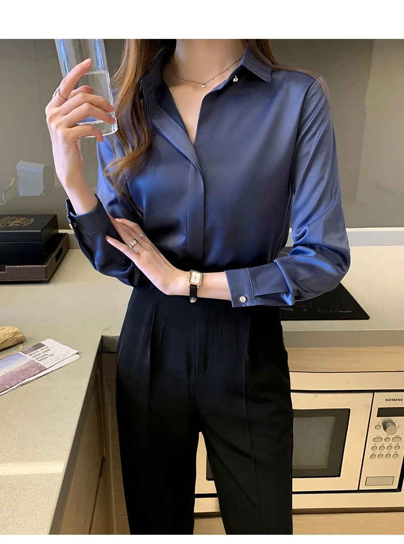 Satin Women Shirt Vintage Long Sleeve Blouse Women Silk Elegant Womens Tops
