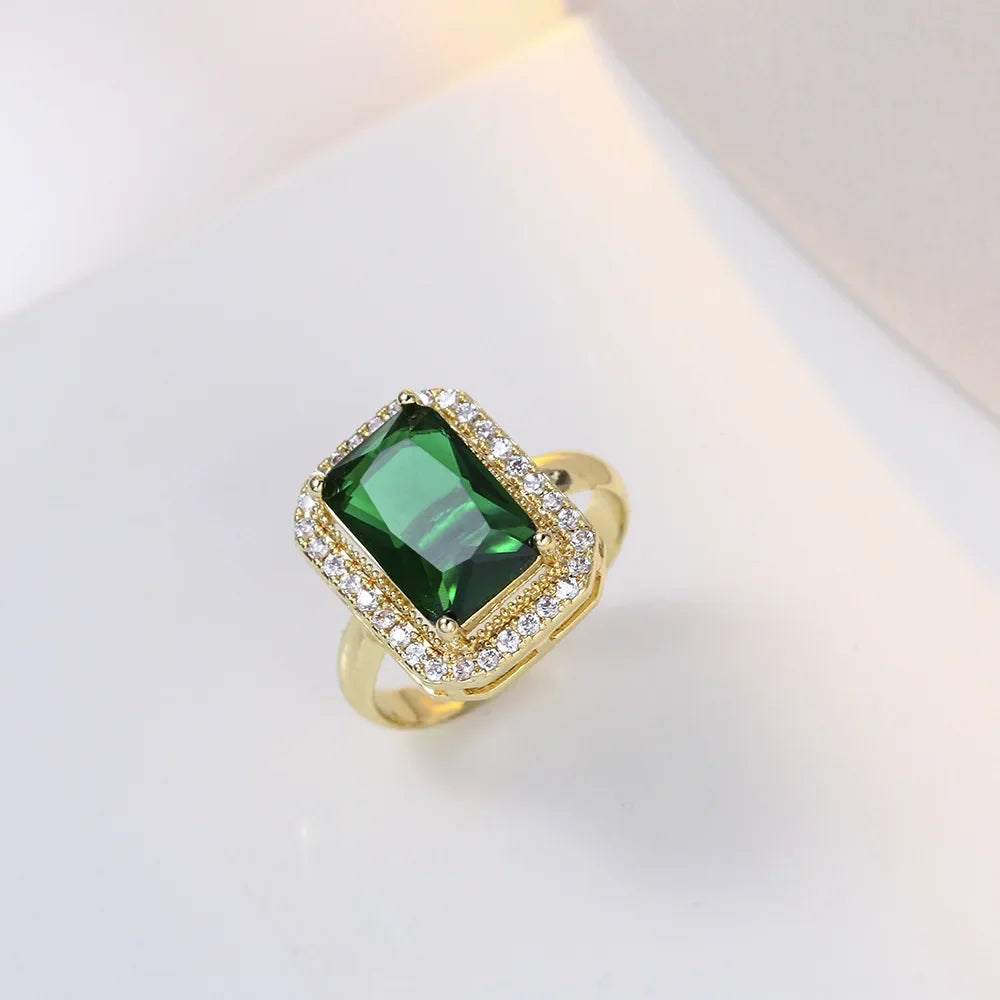 Luxury style Emerald Color Earring Necklace Rings Set For Woman Stainless Steel Zircon Rectangle Pendant Necklace