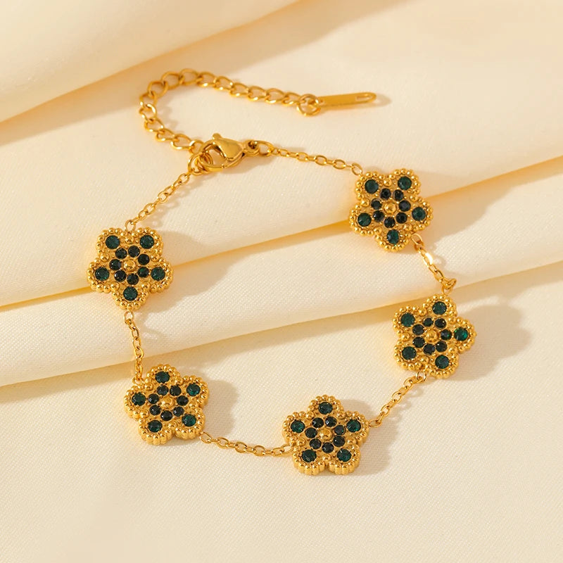 Pink Zircon Reversible Clover Necklace Bracelet Earrings Set For Women Trendy Stainless Steel Waterproof Jewelry