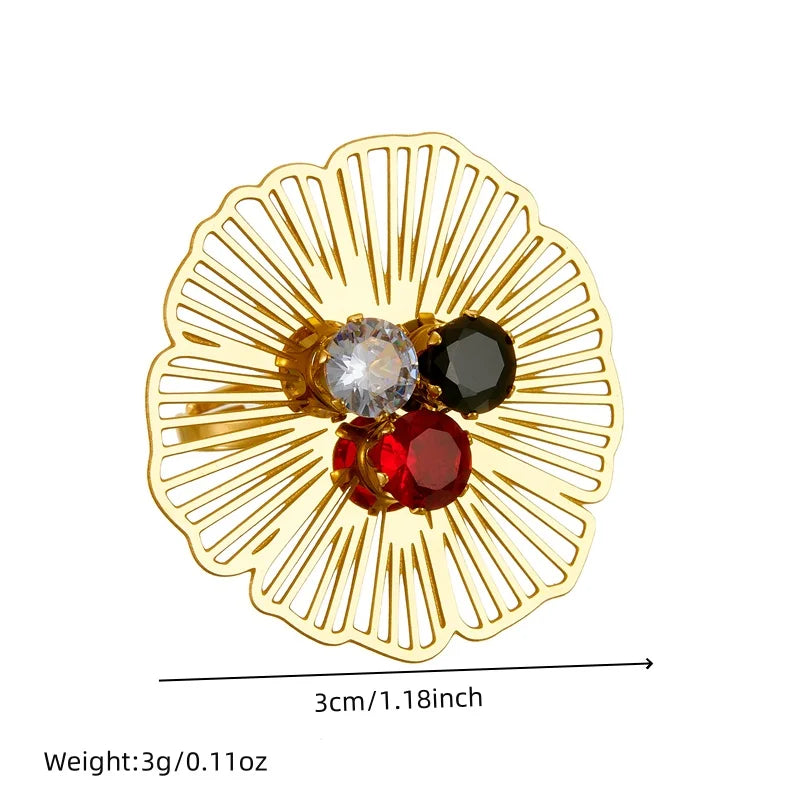 Stainless Steel Hollow Flower Inlaid With Zircon Necklace Earrings Ring For Women New Trend Non-fading Jewelry Set
