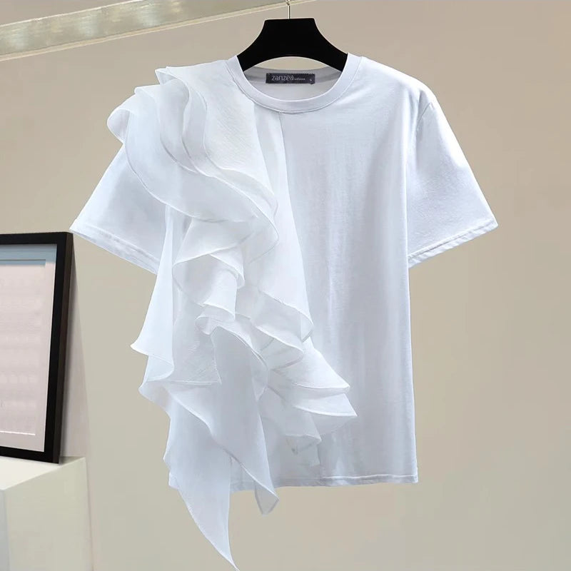 Women Ruffled Stitching Blouse Fashion Holiday O-neck Tops Summer Short Sleeve