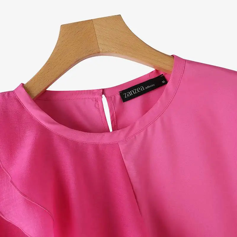 Women Ruffled Stitching Blouse Fashion Holiday O-neck Tops Summer Short Sleeve