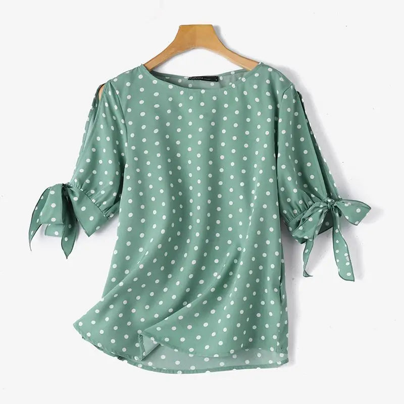 Woman Casual Polka Dots Printed Blouse Fashion Holiday Shirt Half Sleeve O-Neck Tunic Tops