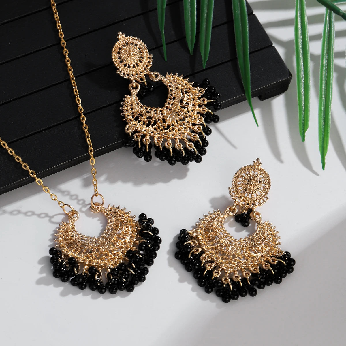 Jewelry Set for Women Retro Gold Plated Round Beads Tassel Earring Necklace Sets